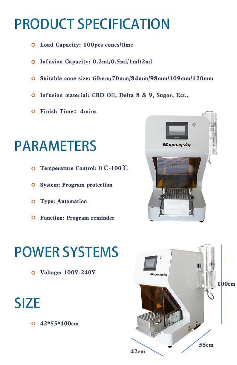 Maywaysky Automatic Infusion Pre-Rolled Machine Oil Filling For 84mm/98mm/109mm Size Cone Touch Screen Control