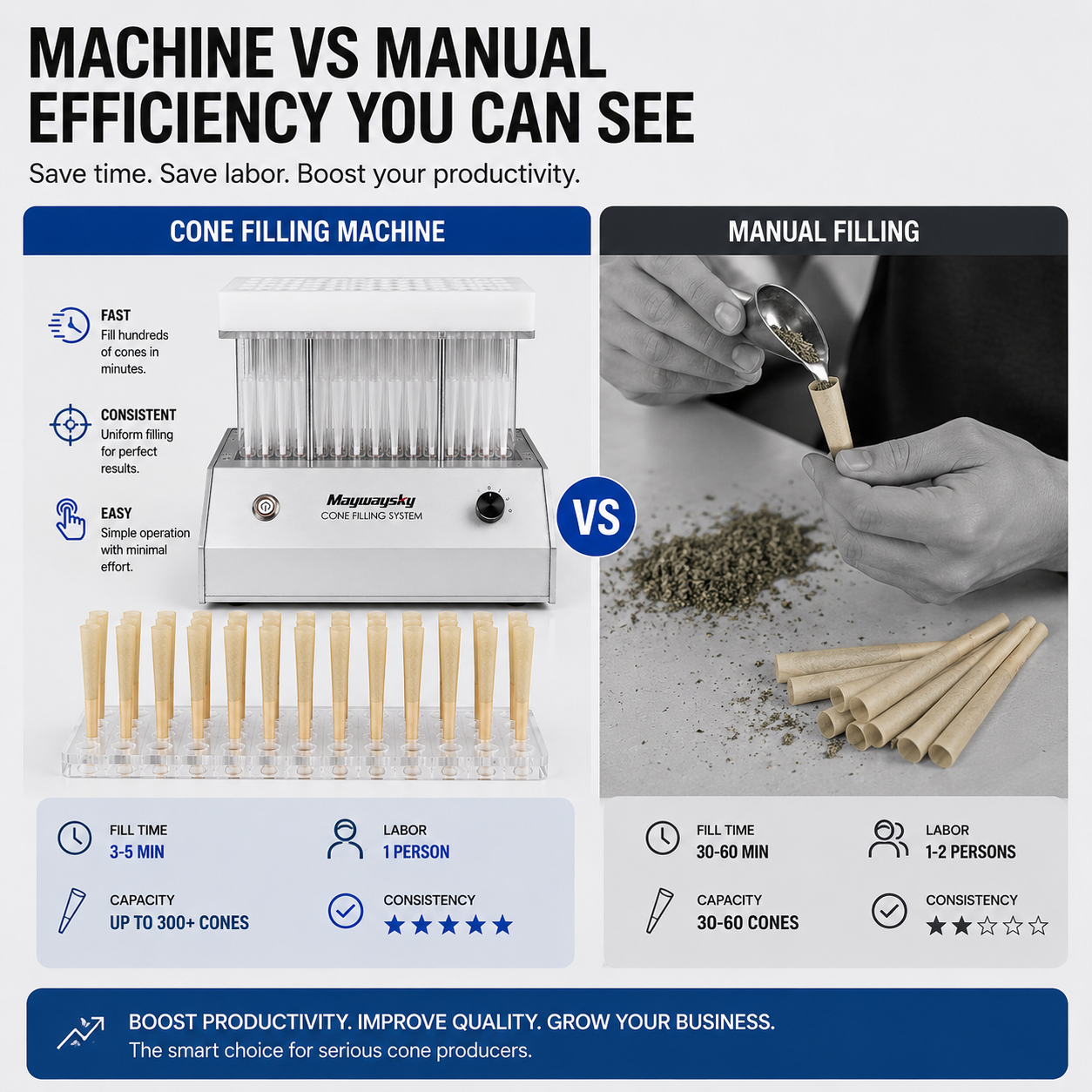Maywaysky Cone Filling System For 98mm/98mm/109mm Pre-rolled Cone Machine Vibrate Material Cone Filler