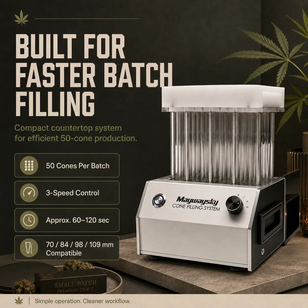 Maywaysky  Pre-rolle Cone Rolling Machine For 50pcs King Size 1 1/4 Cone Filling Machine